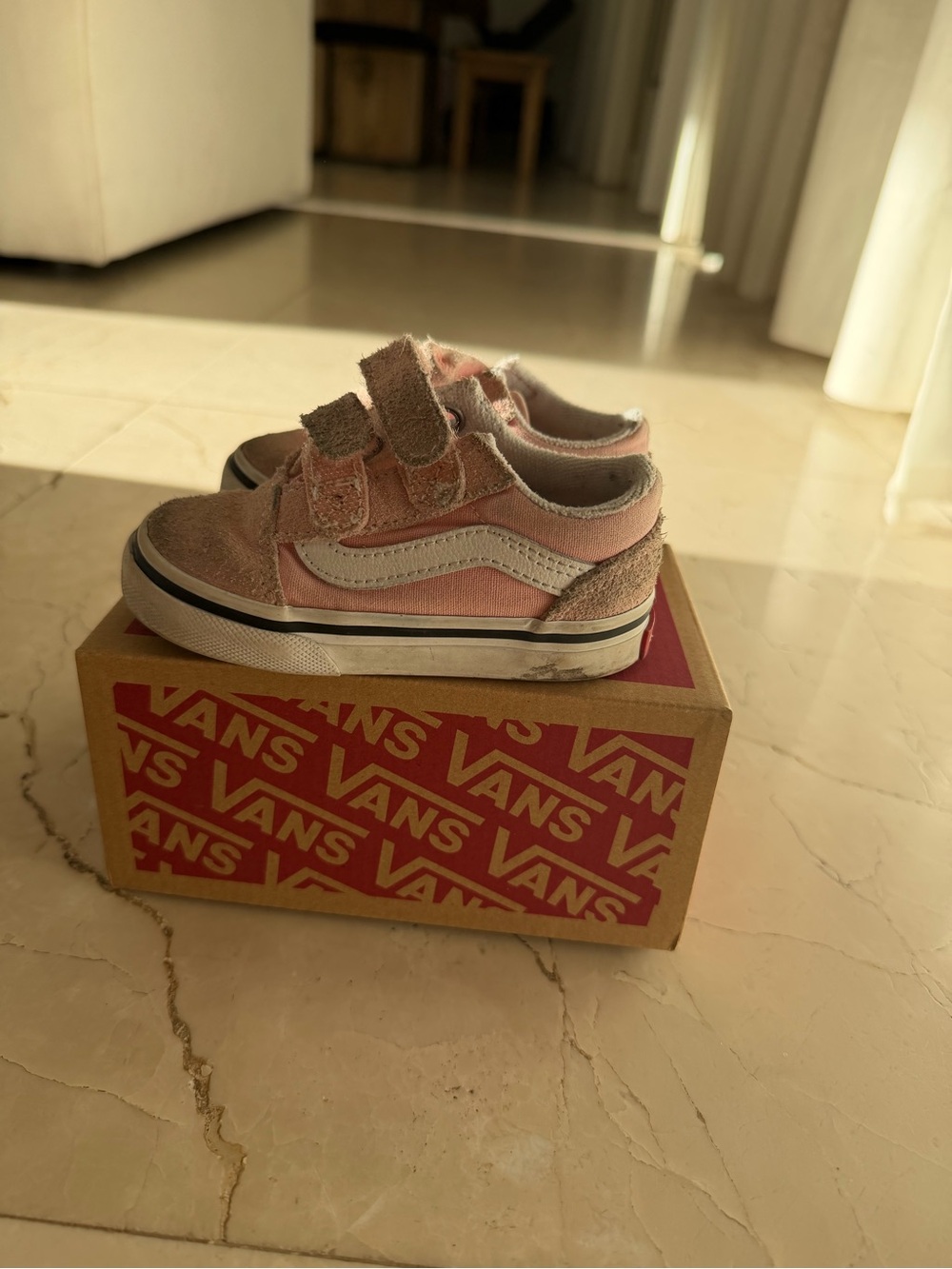 Vans Kids Pink Velcro Old Skool Sneakers with Gray Accents